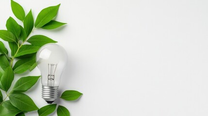 Green Energy Concept: Light Bulb and Leaves on White Background