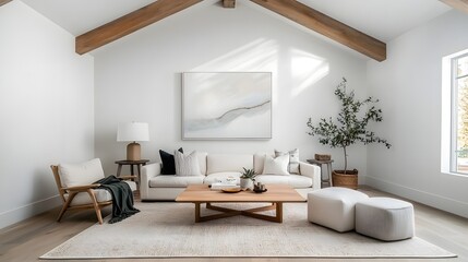 Fototapeta premium Warm and inviting farmhouse living space featuring distressed wood beams a neutral toned area rug and a harmonious blend of industrial and vintage inspired furnishings