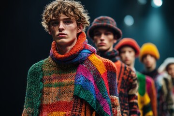 Fashion models presenting new colorful woolen clothing collection during fashion week