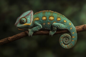 Naklejka premium Close-up of a veiled chameleon calmly resting on a branch, showcasing its vibrant green and yellow skin and curled tail