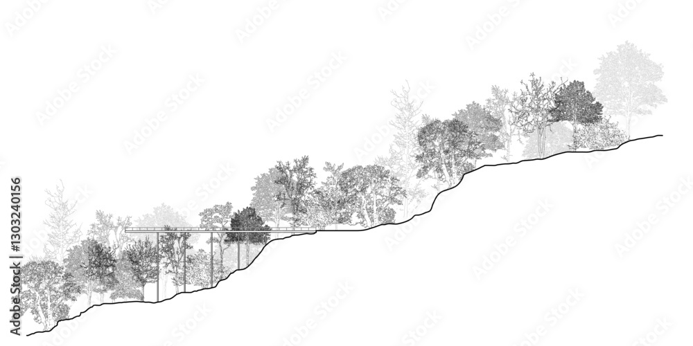 Poster architectural drawings, minimal style cad tree line drawing, side view, set of section wetland fores