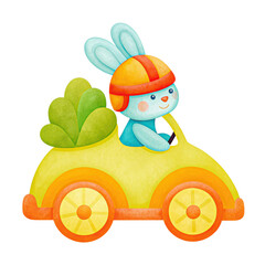 Colorful bunny driving a yellow car with green leaves.