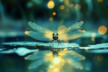 Beautiful dragonfly with spread wings reflecting on water surface at twilight with bokeh effect