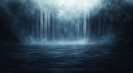 Misty waterfall scene in dark forest. Possible use Background for fantasy or horror themed projects