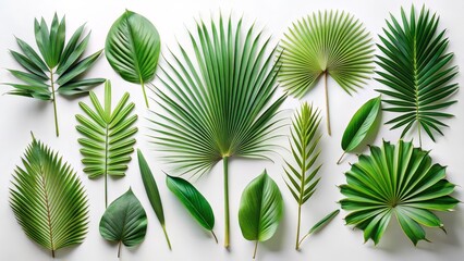 A set of tropical palm leaves, including fan palms and areca palms, arranged harmoniously on a white background. Diverse textures and shades of green create a fresh, stylish, and modern composition