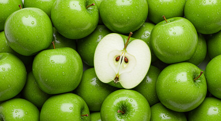 Close-up of green apples with a contrasting cut slice