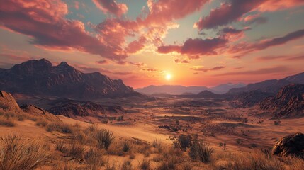 Vibrant colors fill the sky as the sun sets over a sprawling desert. Mountains rise in the distance, surrounded by golden sands and sparse vegetation, creating a serene atmosphere at dusk