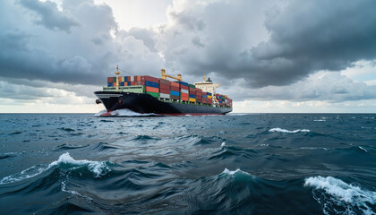 Cargo ship navigating rough seas under stormy skies, maritime resilience
