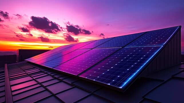 Solar panels on rooftop at sunset with vibrant sky