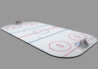 Hockey rink for playing hockey with goals on both sides. 3D render illustration.