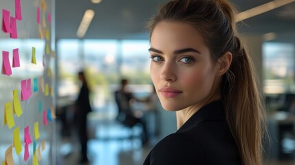 A professional woman stands in a contemporary office, glancing back with a thoughtful expression while sticky notes adorn the wall. Colleagues collaborate in the background