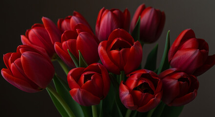 Red Tulips Bouquet Against Dark Background