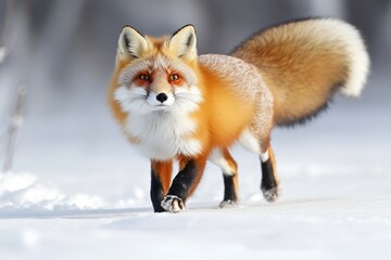 Fototapeta premium Wild red fox walking on snow in its natural habitat during wintertime