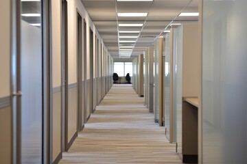 long narrow office hallway with rows of cubicles on both sides and low ceilings. The walls feature light gray panels with beige accents