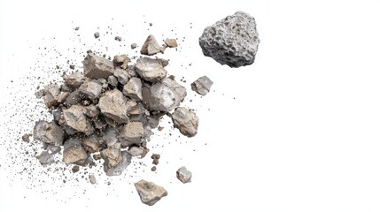 Crushed rock fragments, isolated on white background. Potential use in construction, material science, or geology education