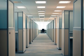 long narrow office hallway with rows of cubicles on both sides and low ceilings. The walls feature light gray panels with beige accents