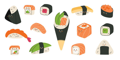 Kawaii japanese food. Rolls and sushi characters, emoji asian cuisine , rice and salmon in seaweed, mascot happy emotions, stickers collection, cartoon flat isolated illustration vector isolated set