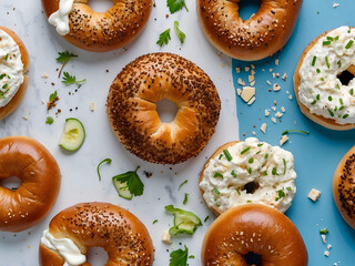 A delectable bagel sandwich, generously layered with velvety, cloud-like cream cheese, offering a perfect balance of texture and flavor.
