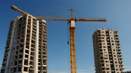 A large construction site with a towering yellow crane lifting materials for an ongoing high rise building development project against a bright blue sky with fluffy white clouds .generative.ai