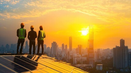 Rooftop Workers Overseeing Solar Panel Installation at Sunset