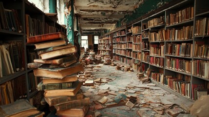 Obraz premium Dust-coated books are piled on the floor amidst neglected shelves in a once-bustling library. The disrepair suggests years of abandonment and decay