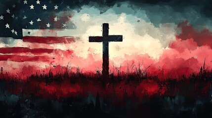 cross over american flag painted with ink on white background christian religion concept