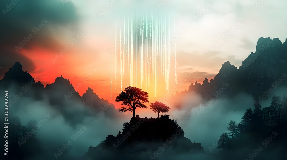 Poster sweeping panoramic view of a futuristic digital landscape with data streams binary code and intricat