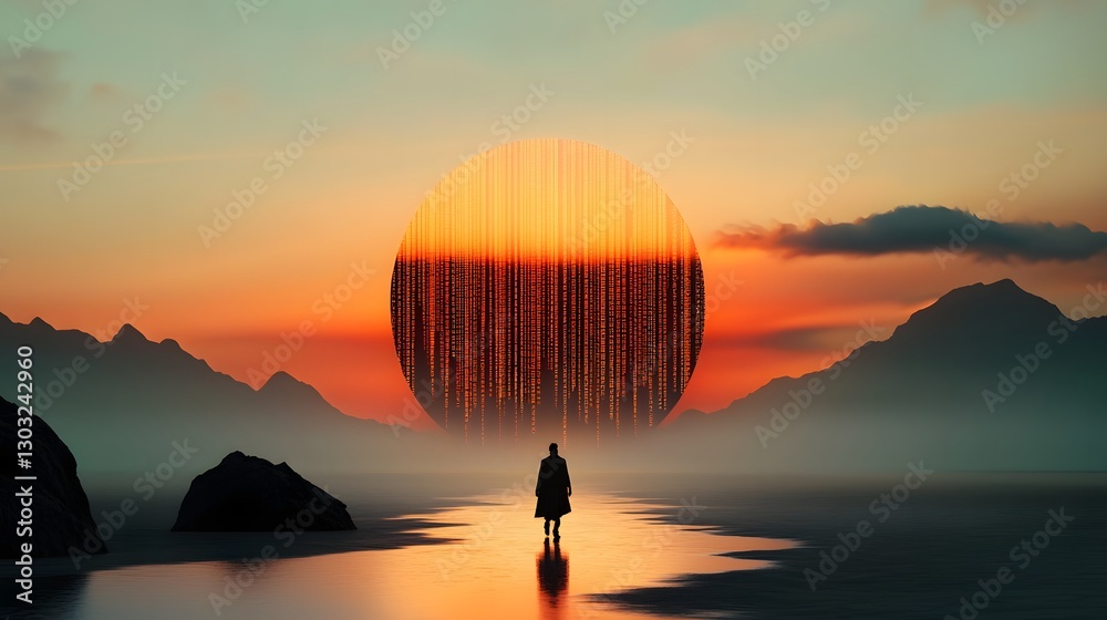 Poster sweeping futuristic digital landscape with ethereal data streams binary code and intricate neon lit 