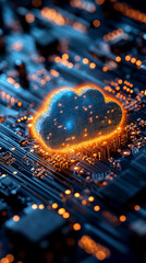 Fototapeta premium A glowing cloud icon on a circuit board represents cloud computing, digital connectivity, and IAM roles, symbolizing data security, access control, and modern technology infrastructure