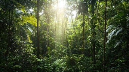 Fototapeta premium Sunlight streams through the dense canopy of a vibrant tropical rainforest in the early morning, illuminating lush green foliage and creating a serene, tranquil atmosphere