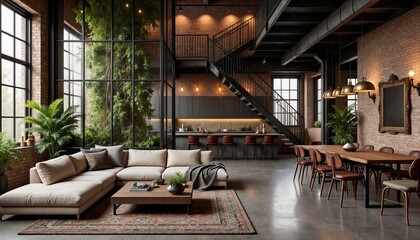 Fototapeta premium Industrial Loft Apartment Interior Design with Modern Furniture and Plants