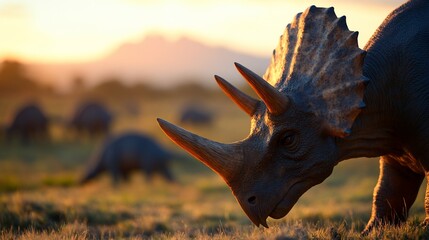 Obraz premium Triceratops grazing at sunset