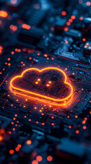 A glowing cloud icon on a circuit board represents cloud computing, digital connectivity, and IAM roles, symbolizing data security, access control, and modern technology infrastructure