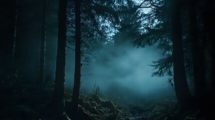 Fototapeta premium A foggy forest scene with tall trees and ethereal atmosphere is shown