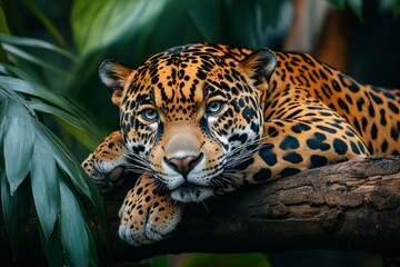 Obraz premium Powerful jaguar resting on a branch in lush tropical rainforest