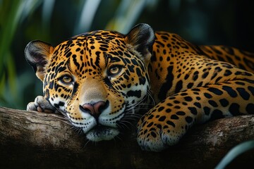 Obraz premium Powerful jaguar resting on a branch in lush tropical rainforest