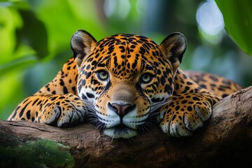 Obraz premium Powerful jaguar resting on a branch in lush jungle, displaying its majestic presence