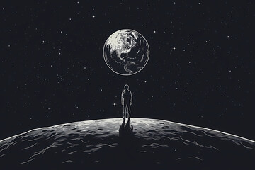 Cosmic Contemplation: A lone figure stands on a lunar surface, gazing at the majestic planet Earth suspended in the star-studded expanse of the universe, creating a sense of wonder.