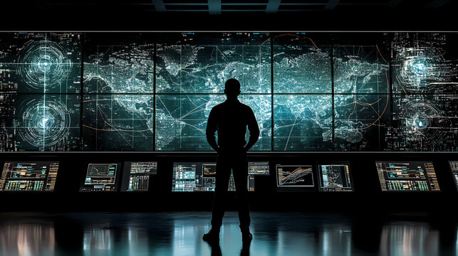 Surveillance and Insight: A silhouette stands vigilant before a vast digital display of interconnected global data, evoking a sense of futuristic monitoring, precision, and strategic vision. 
