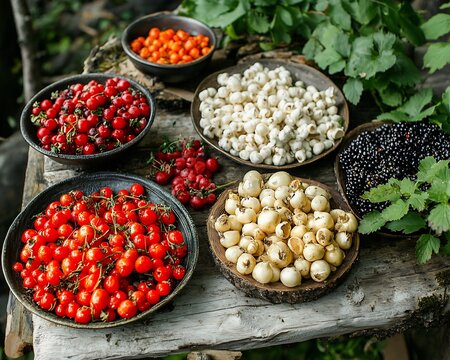Diverse spread of wild plants roots and berries on a hunter gatherers wooden mat prepared for a communal meal