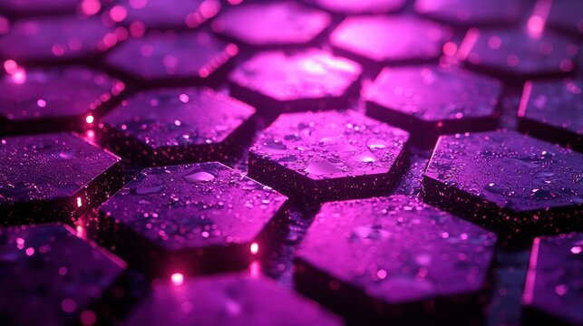 Abstract hexagonal pattern, wet, purple, glowing lights
