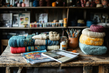 Knitting and crocheting supplies including colorful yarn, needles, and patterns are displayed on a rustic wooden table in a cozy workshop