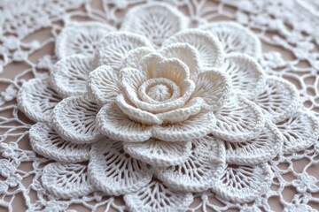Obraz premium Close-up of handmade crocheted flower, showcasing intricate needlework and delicate design