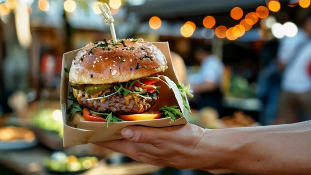 colorful, tasty meat burger with fire in background, fast food concept