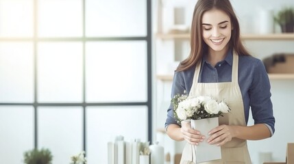 Happy florist arranging flowers in modern shop interior space