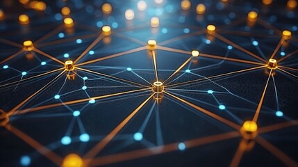 Abstract network connection graphic,  glowing lines,  cubes, dark background