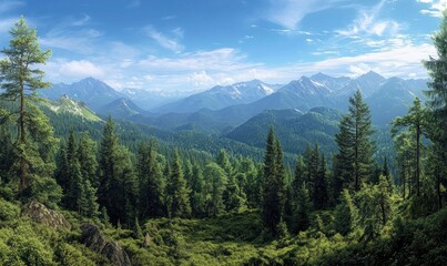 Fototapeta premium panoramic view of the dense green forests in the Mountains, with mountains visible on the horizon