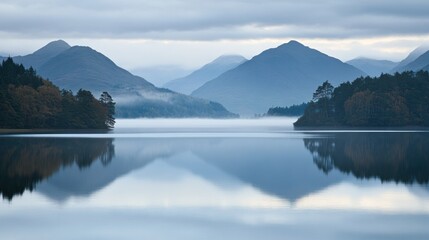Serene Loch Lomond Reflection: Misty Mountains and Still Waters