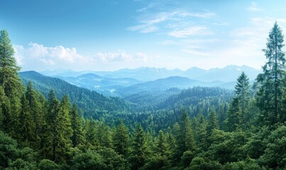 Obraz premium panoramic view of the dense green forests in the Mountains, with mountains visible on the horizon