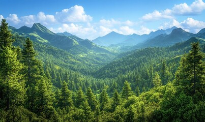 Fototapeta premium panoramic view of the dense green forests in the Mountains, with mountains visible on the horizon